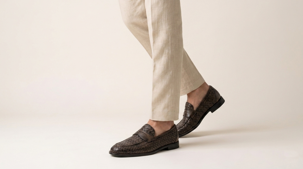 Mocasín de piel tejida pintado a mano.