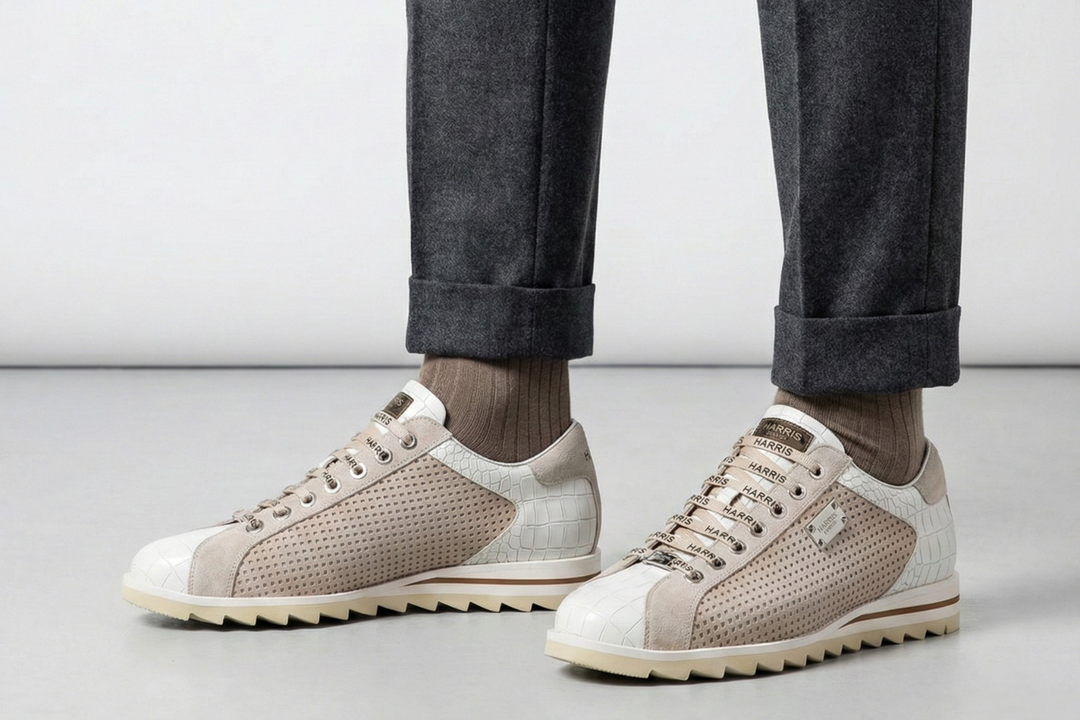 Sneakers in perforated leather and crocodile effect