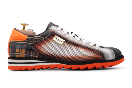 Traforato effect leather sneakers and tweed printing