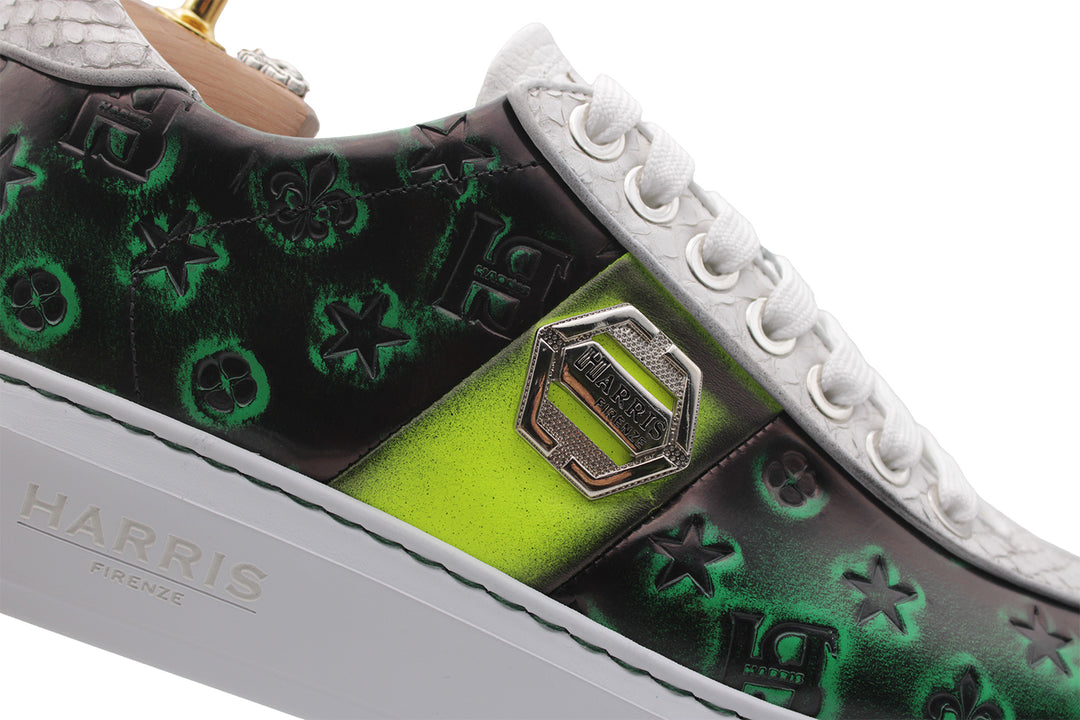 Sneakers in spazzolato monogram e pitone Verde