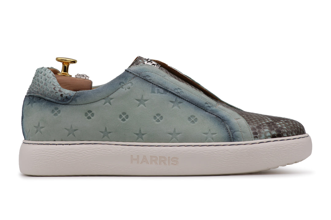 Sneakers slipon in suede stampato e pitone Celeste