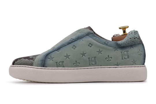 Sneakers slipon in suede stampato e pitone Celeste