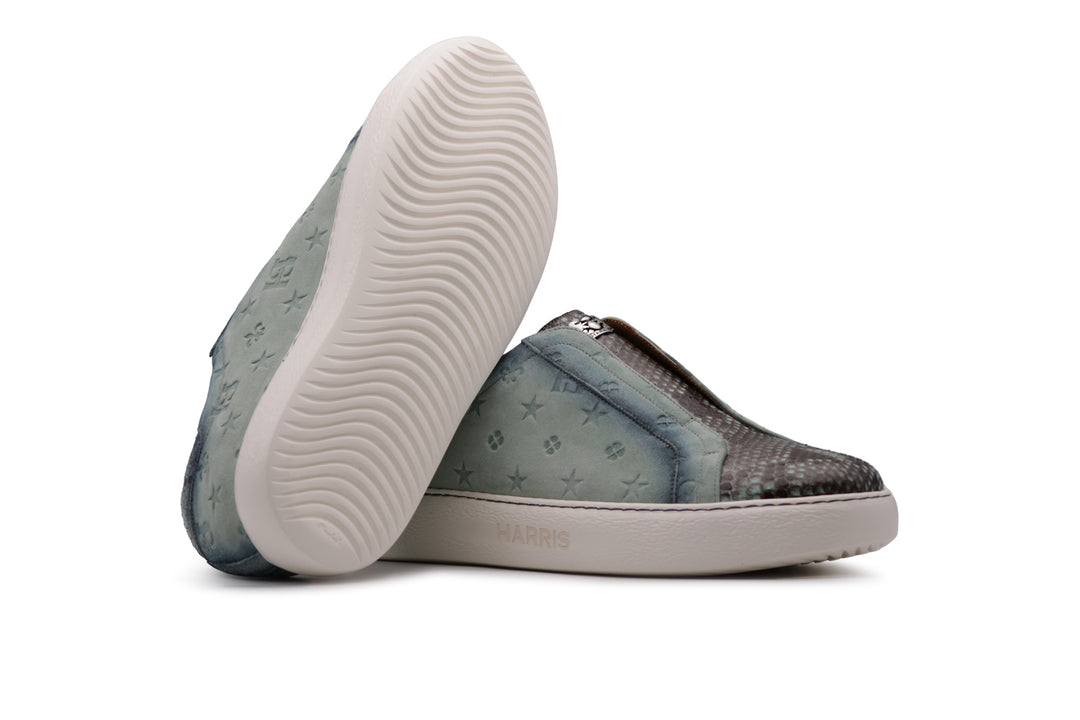 Sneakers slipon in suede stampato e pitone Celeste